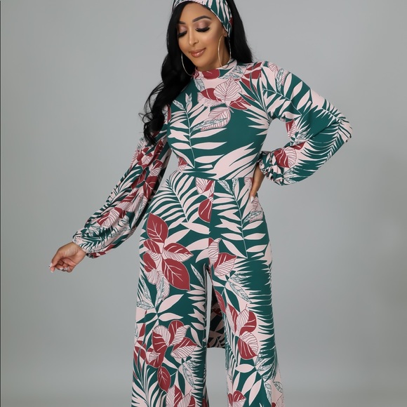 Pink and Green Long Sleeve Tropical Print Jumpsuit - Picture 10 of 10